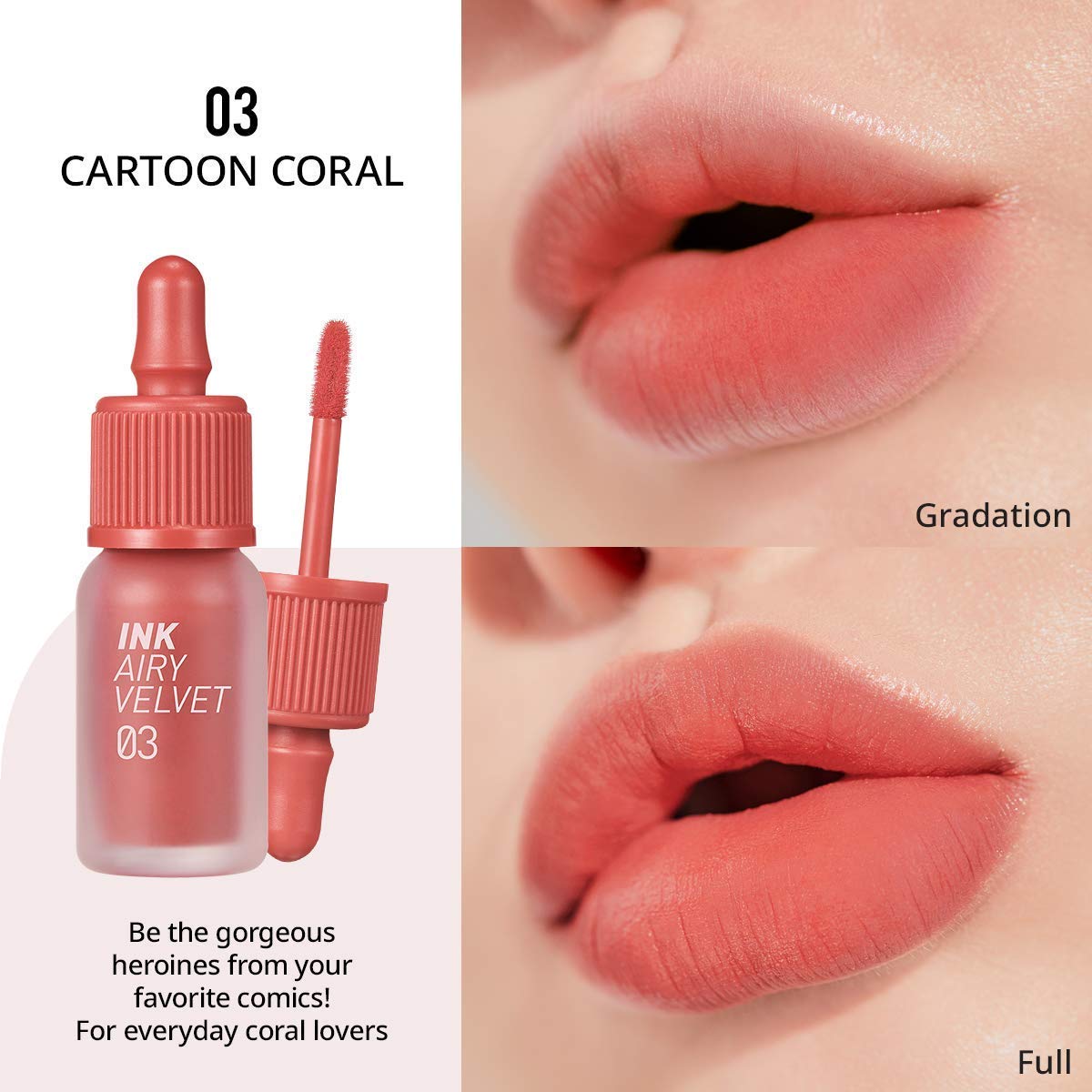 Peripera Ink Airy Velvet Lip Tint, Liquid Lip (0.14 fl oz, 003 CARTOON CORAL)