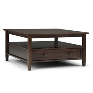 simplihome warm shaker solid wood 36 inch wide square coffee table in tobacco brown, for the living room and family room