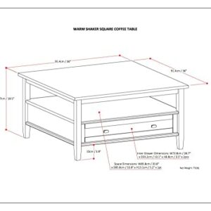 SIMPLIHOME Warm Shaker SOLID WOOD 36 inch Wide Square Coffee Table in Tobacco Brown, for the Living Room and Family Room