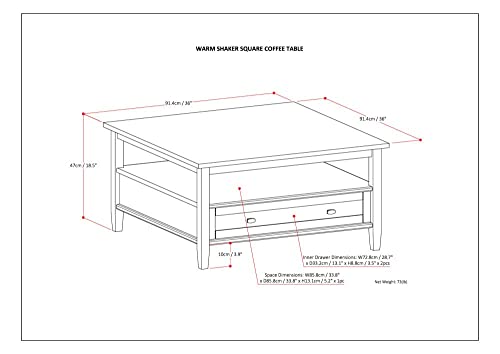 SIMPLIHOME Warm Shaker SOLID WOOD 36 inch Wide Square Coffee Table in Tobacco Brown, for the Living Room and Family Room