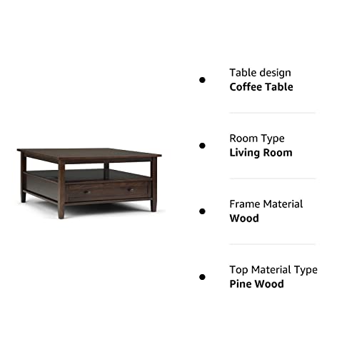 SIMPLIHOME Warm Shaker SOLID WOOD 36 inch Wide Square Coffee Table in Tobacco Brown, for the Living Room and Family Room