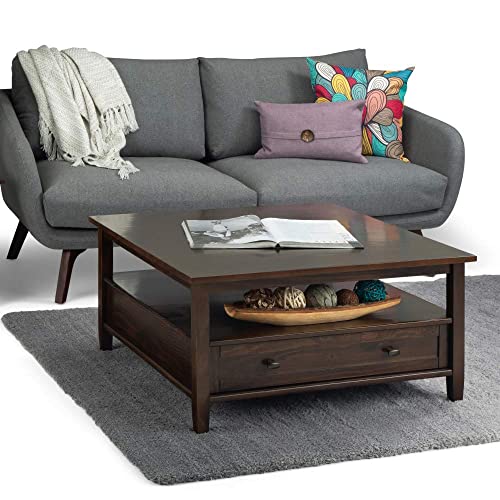 SIMPLIHOME Warm Shaker SOLID WOOD 36 inch Wide Square Coffee Table in Tobacco Brown, for the Living Room and Family Room