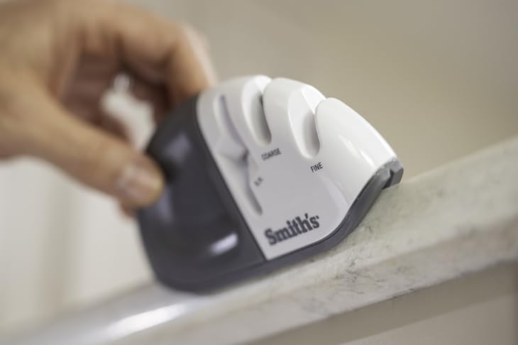 Smith's 51003 Diamond Edge Grip™ MAX 2-Stage Sharpener – White - Compact - Non-Slip Base - Patented V Grip – Sharpen Knives & Scissors - Diamond & Ceramic Sharpeners