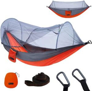 yoomo camping hammock with mosquito net & 10ft hammock tree straps portable lightweight parachute fabric travel bed for hiking, backpacking, garden. (gray/orange)