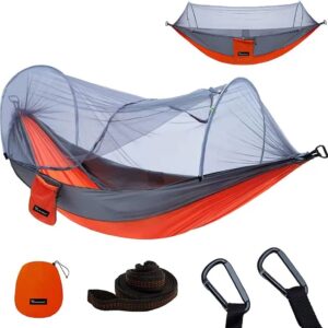 YOOMO Camping Hammock with Mosquito Net & 10ft Hammock Tree Straps Portable Lightweight Parachute Fabric Travel Bed for Hiking, Backpacking, Garden. (Gray/Orange)