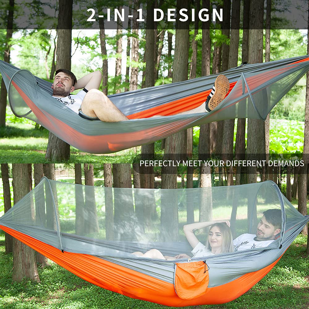 YOOMO Camping Hammock with Mosquito Net & 10ft Hammock Tree Straps Portable Lightweight Parachute Fabric Travel Bed for Hiking, Backpacking, Garden. (Gray/Orange)