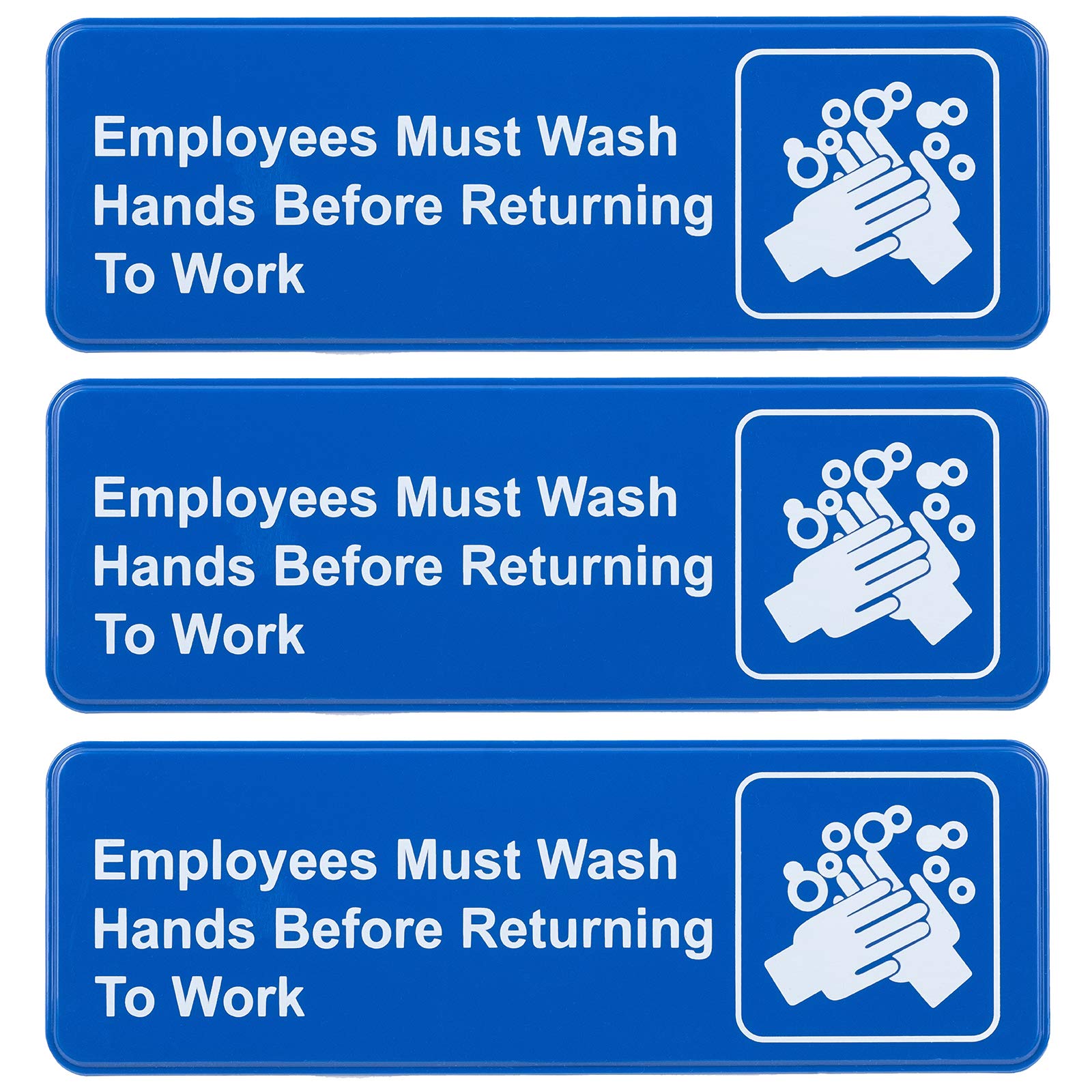 Excello Global Products Employees Must Wash Hands Before Returning to Work Sign: Easy to Mount Plastic Safety Informative Sign with Symbols Great for Business, 9"x3", Pack of 3 (Blue)