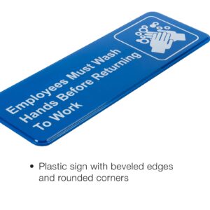 Excello Global Products Employees Must Wash Hands Before Returning to Work Sign: Easy to Mount Plastic Safety Informative Sign with Symbols Great for Business, 9"x3", Pack of 3 (Blue)