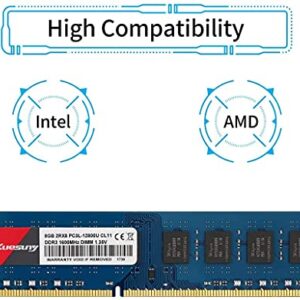 Kuesuny 16GB Kit (8GBX2) DDR3L-1600 Udimm, PC3L-12800/PC3L-12800U 8GB CL11 240 Pin 2RX8 Dual Rank Non ECC Unbuffered 1.35V/1.5V Desktop Computer Memory Ram Module Upgrade