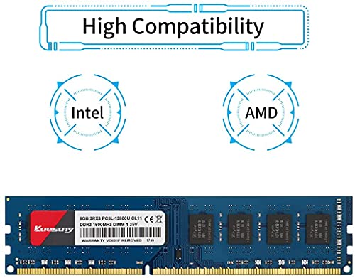 Kuesuny 16GB Kit (8GBX2) DDR3L-1600 Udimm, PC3L-12800/PC3L-12800U 8GB CL11 240 Pin 2RX8 Dual Rank Non ECC Unbuffered 1.35V/1.5V Desktop Computer Memory Ram Module Upgrade