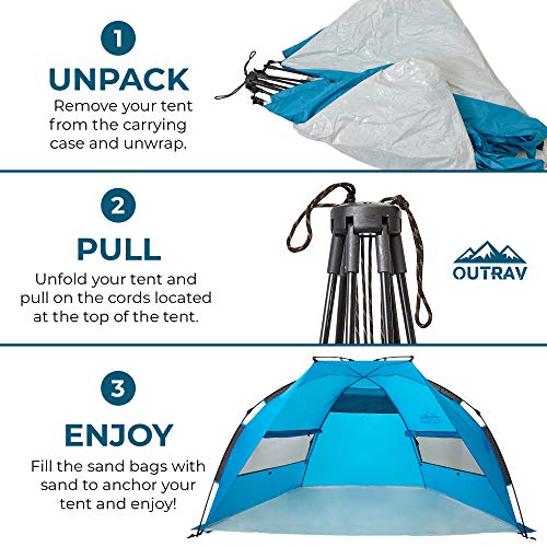 Pop Up Beach Tent – Quick and Easy Set Up, Family Size, Portable Sun and Water Shelter and Shade Canopy – for Fishing, Camping, Hiking and Outdoor Activities – by Outrav