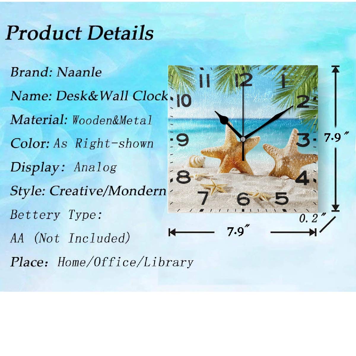 Naanle 3D Fresh Tropical Seashells Starfish on Summer Beach Silent Square Wall Clock Decorative, 8 Inch Battery Operated Quartz Analog Quiet Desk Clock for Home,Office,School