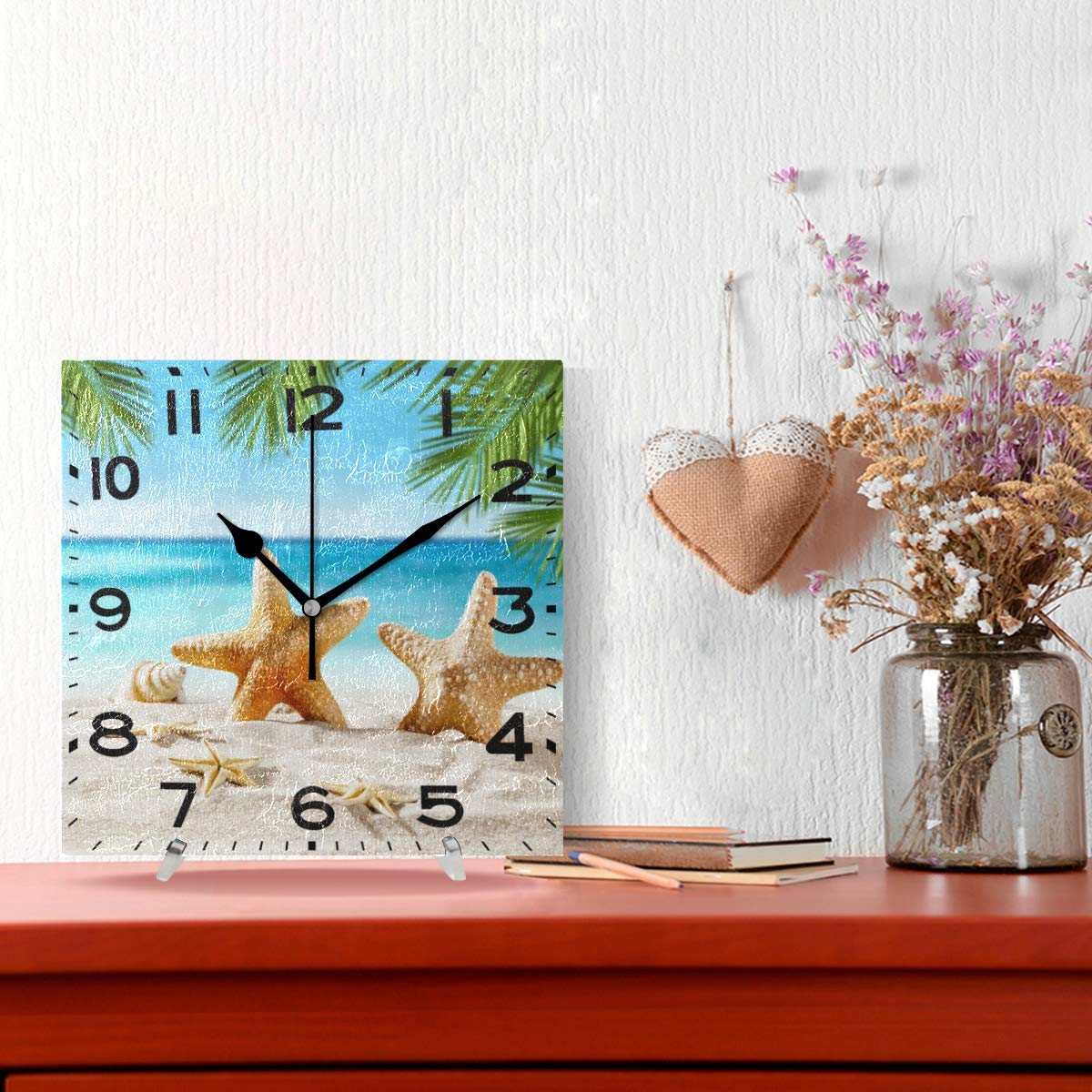 Naanle 3D Fresh Tropical Seashells Starfish on Summer Beach Silent Square Wall Clock Decorative, 8 Inch Battery Operated Quartz Analog Quiet Desk Clock for Home,Office,School