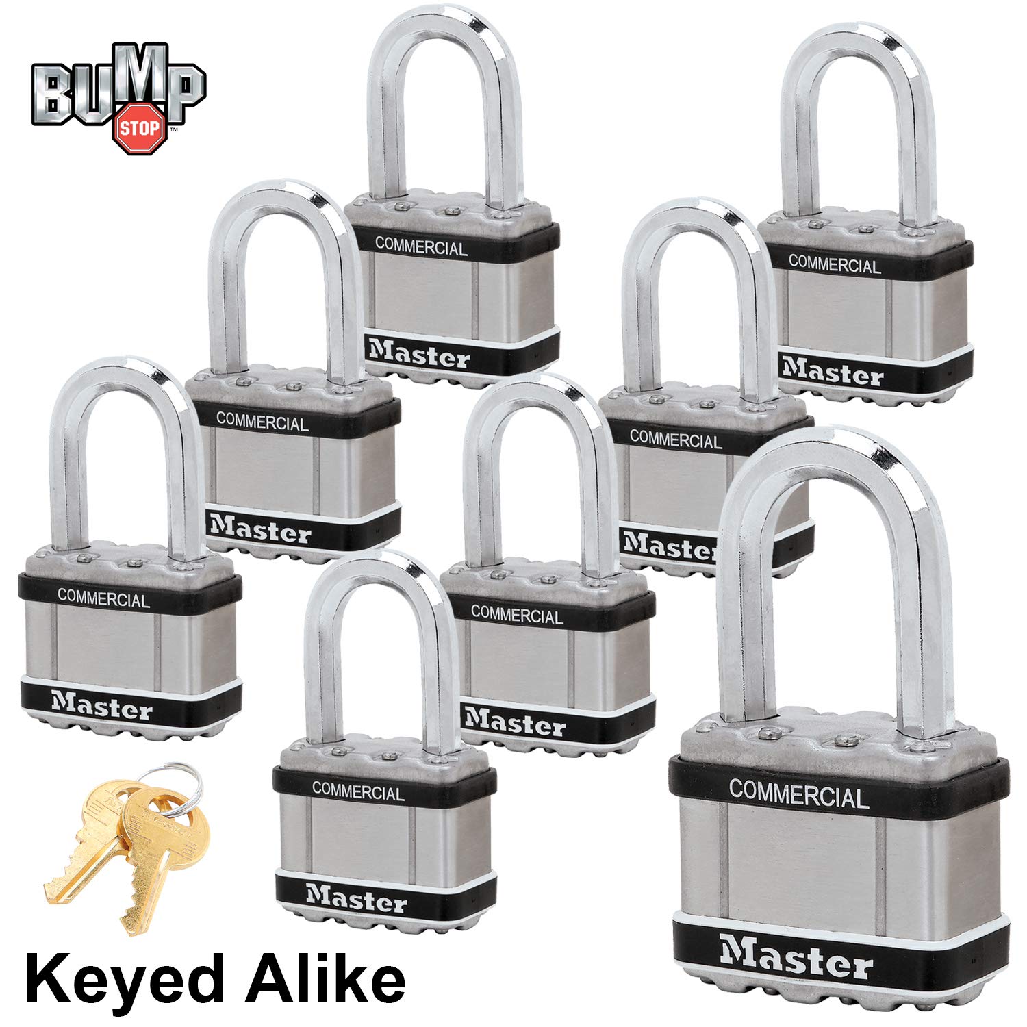 Master Lock Magnum Padlocks - 2" W x 1-1/2"L Shackle, Eight (8) Keyed Alike Locks #M5NKALFSTS-8 w/BumpStop Technology