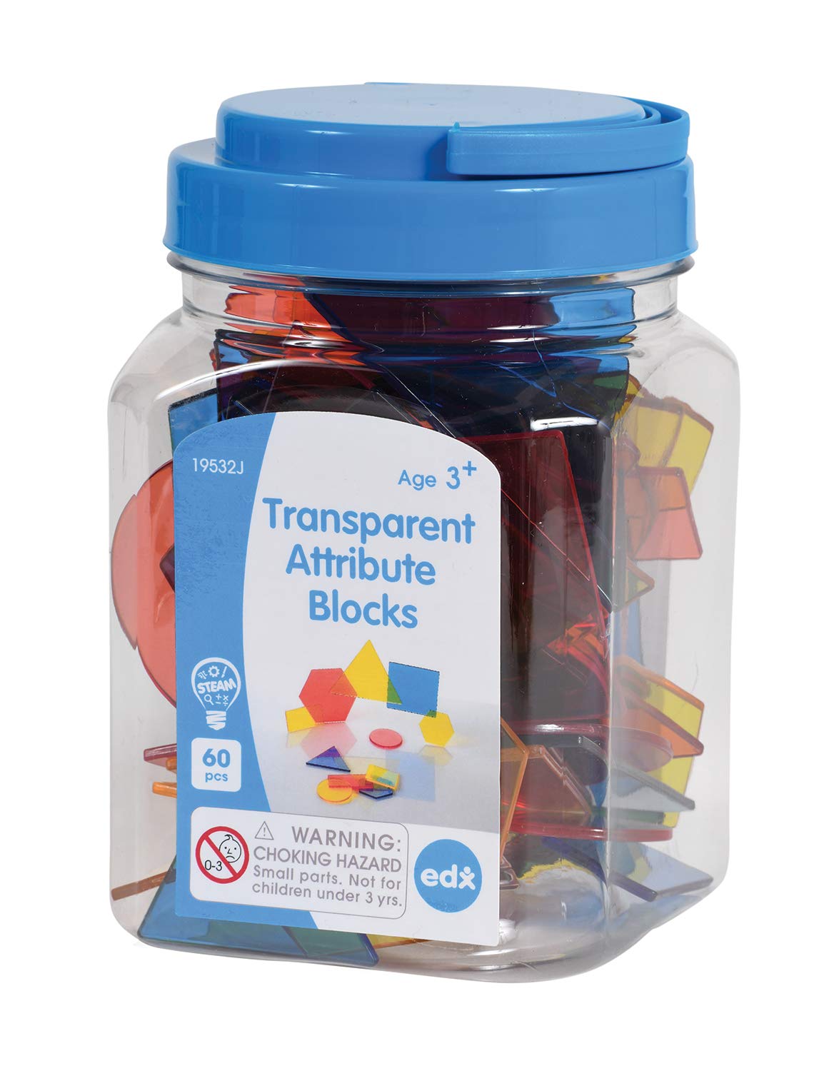 edxeducation Transparent Attribute Blocks - Mini Jar Set of 60 - Colorful, Plastic Shapes - Light Box Accessory - Sensory Play - Math Manipulative for Kids