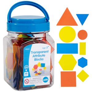 edxeducation Transparent Attribute Blocks - Mini Jar Set of 60 - Colorful, Plastic Shapes - Light Box Accessory - Sensory Play - Math Manipulative for Kids