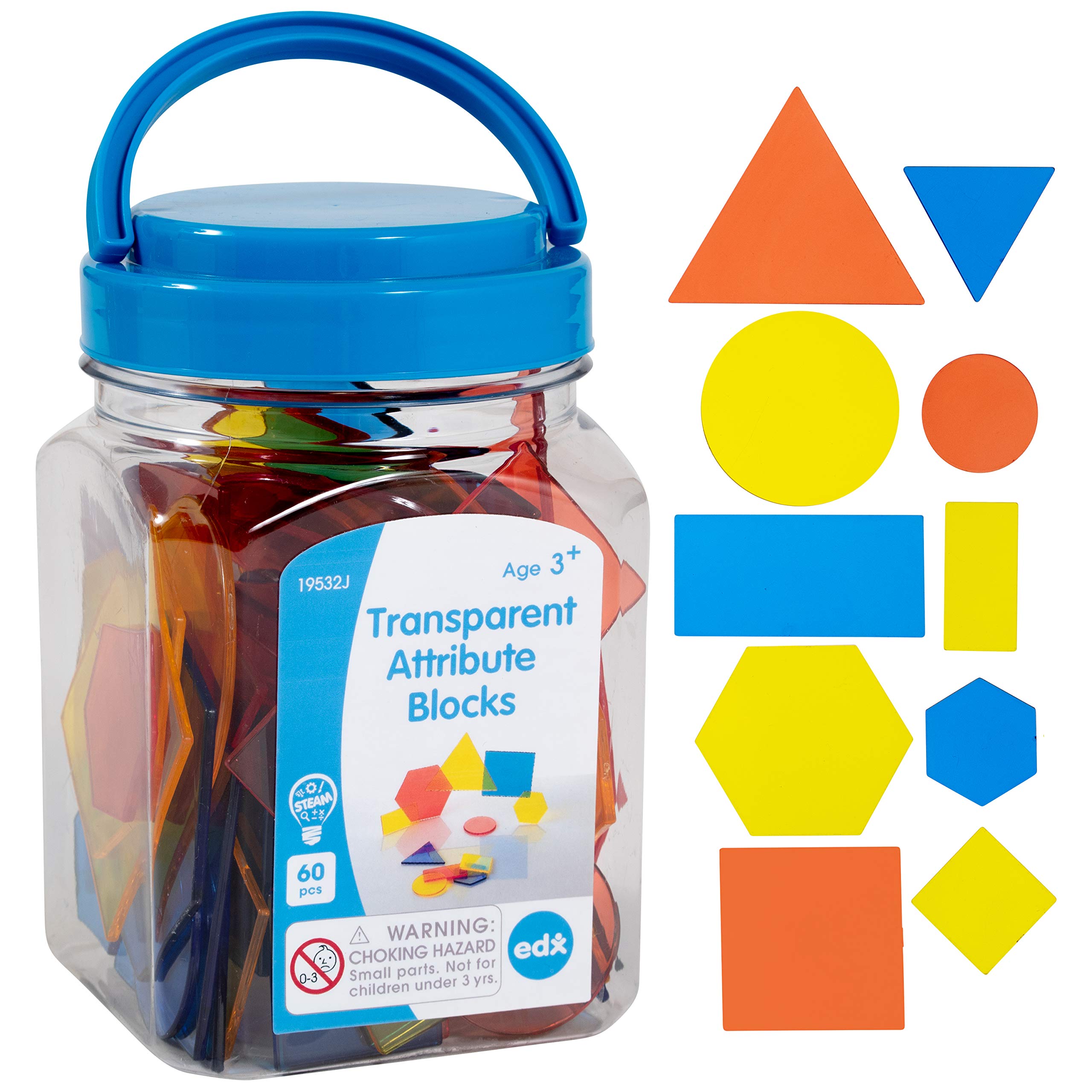 edxeducation Transparent Attribute Blocks - Mini Jar Set of 60 - Colorful, Plastic Shapes - Light Box Accessory - Sensory Play - Math Manipulative for Kids