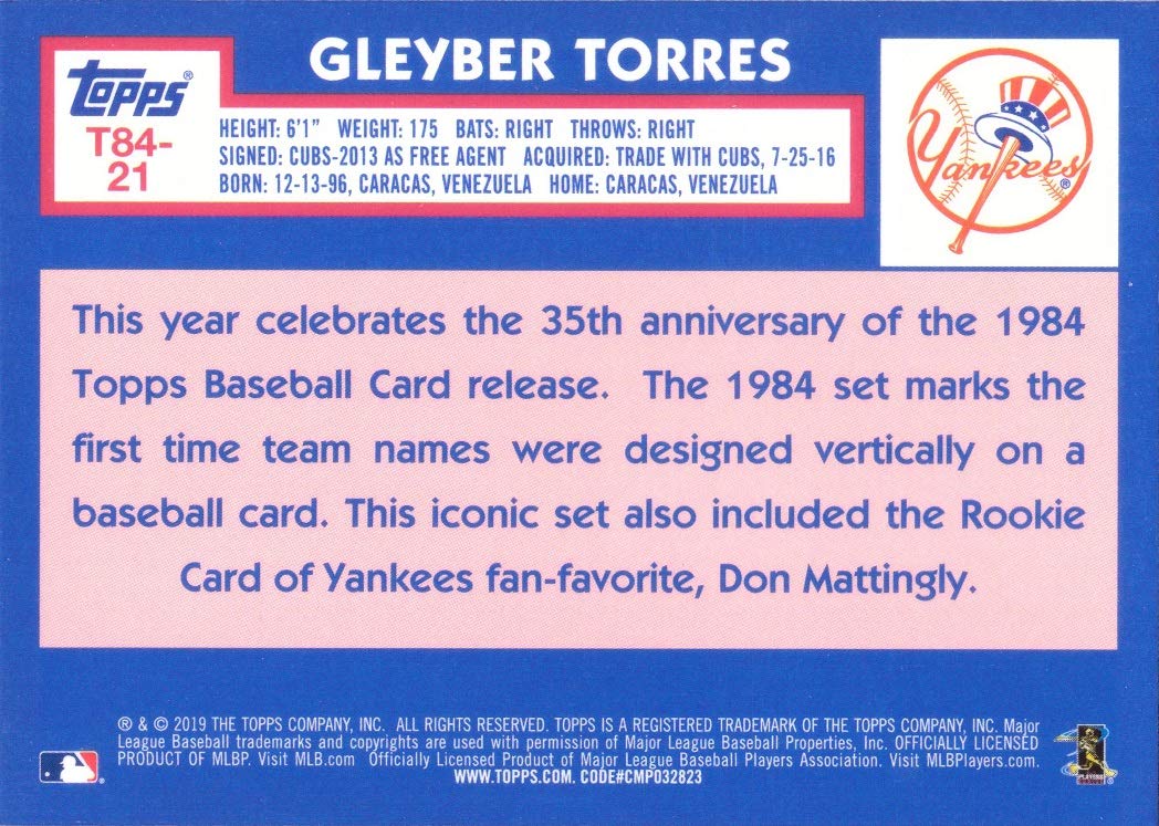 2019 Topps 1984 Chrome Silver Refractor #T84-21 Gleyber Torres Baseball Card