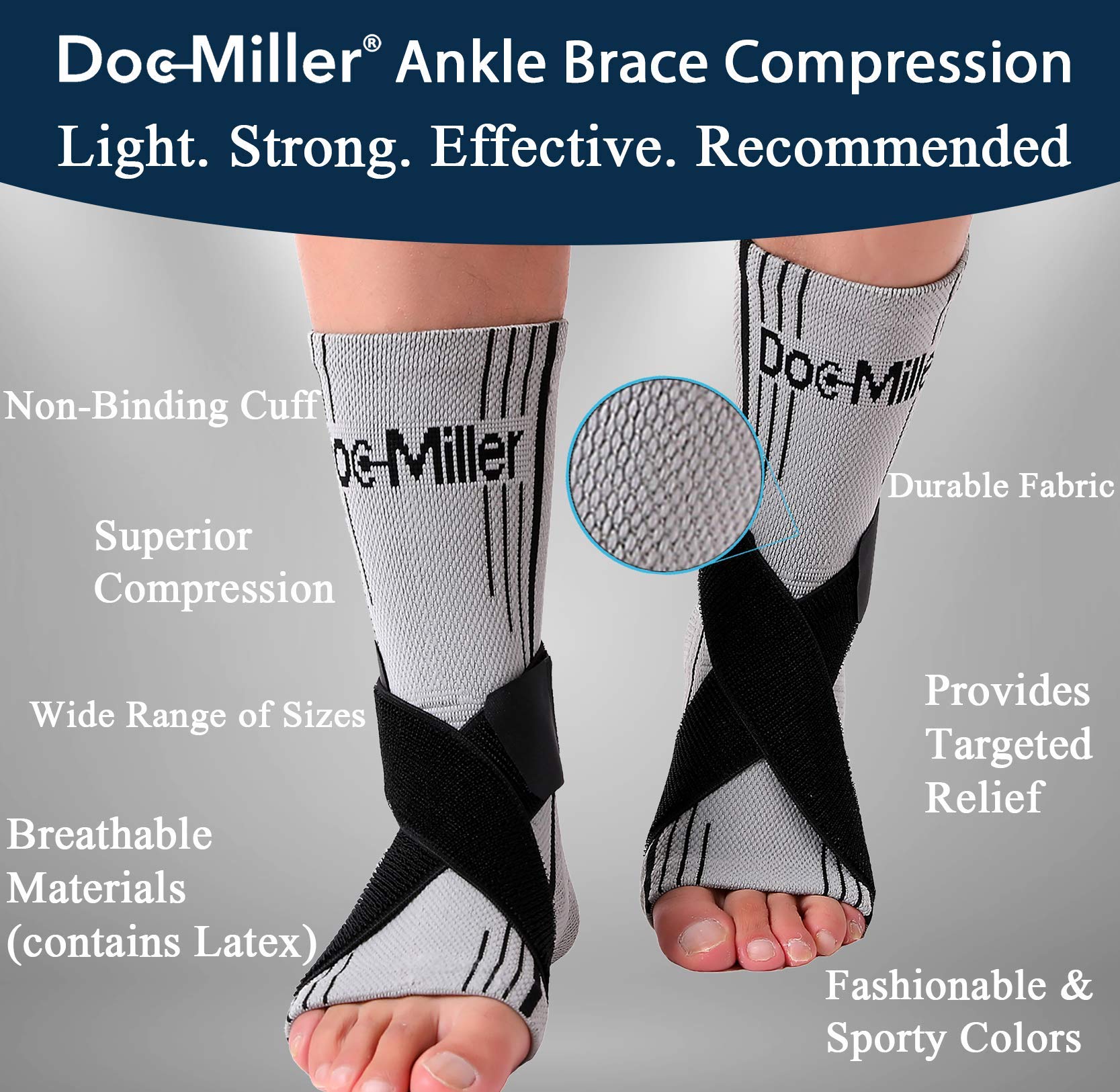 Doc Miller Ankle Brace for Women and Men, 1 Pair Ankle Compression Sleeve with Adjustable Elastic Support Straps for Plantar Fasciitis Relief Sprained Foot and Achilles Tendonitis