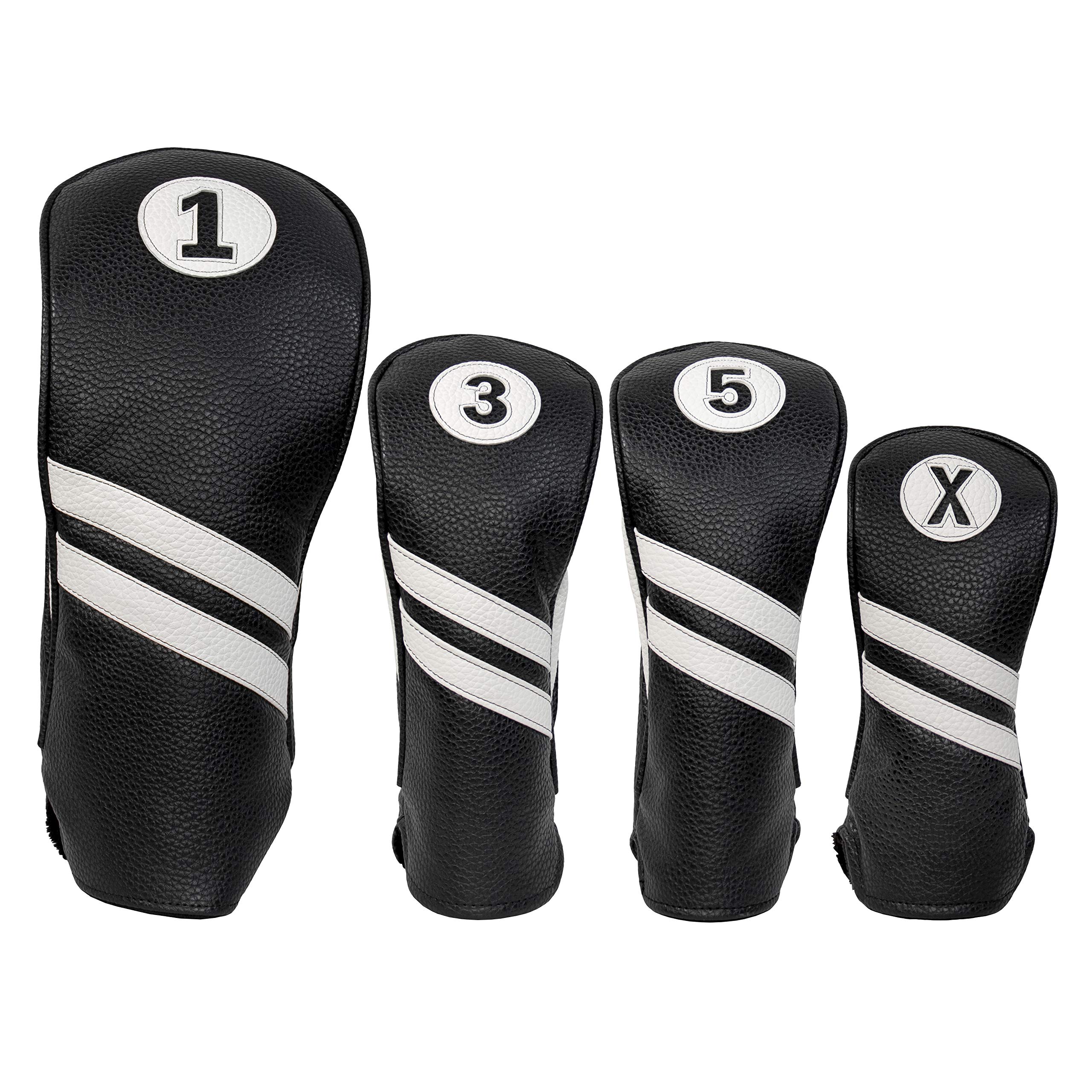 ProActive Sports | Vintage Golf Club Head Covers | for Drivers, Fairway Woods, and Hybrids | Classy Headcovers That Fit Most Clubs | Classic Leather Look | 4-Pack Combo 1, 3, 5, X | Black/White