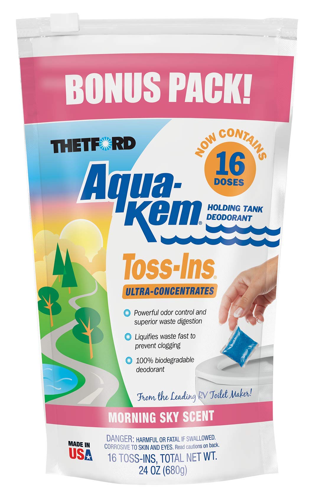 THETFORD Aqua-KEM Morning Sky Toss-Ins RV Holding Tank Treatment - Deodorant/Waste Digester/Detergent - Pack of 16 96570