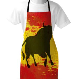 Ambesonne Spanish Apron, Bull Silhouette on Spanish Flag Grunge National Elements Paint Stains, Unisex Kitchen Bib with Adjustable Neck for Cooking Gardening, Adult Size, Vermilion Yellow