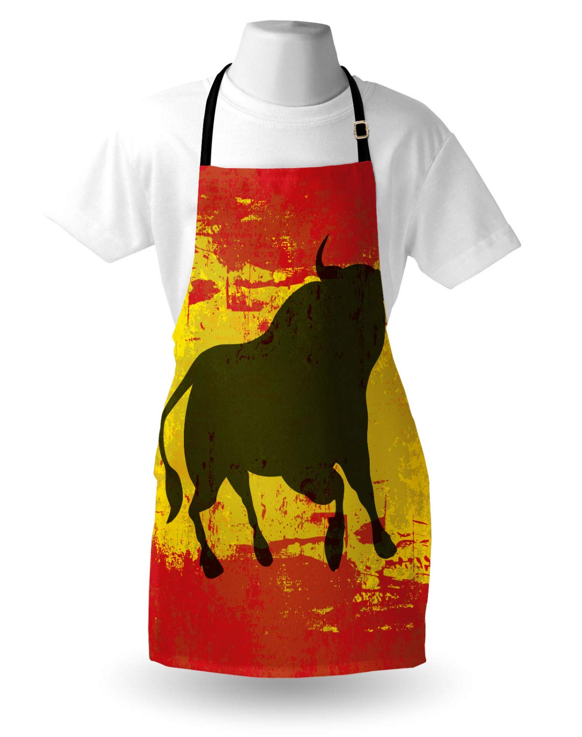 Ambesonne Spanish Apron, Bull Silhouette on Spanish Flag Grunge National Elements Paint Stains, Unisex Kitchen Bib with Adjustable Neck for Cooking Gardening, Adult Size, Vermilion Yellow