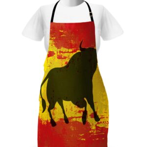 Ambesonne Spanish Apron, Bull Silhouette on Spanish Flag Grunge National Elements Paint Stains, Unisex Kitchen Bib with Adjustable Neck for Cooking Gardening, Adult Size, Vermilion Yellow