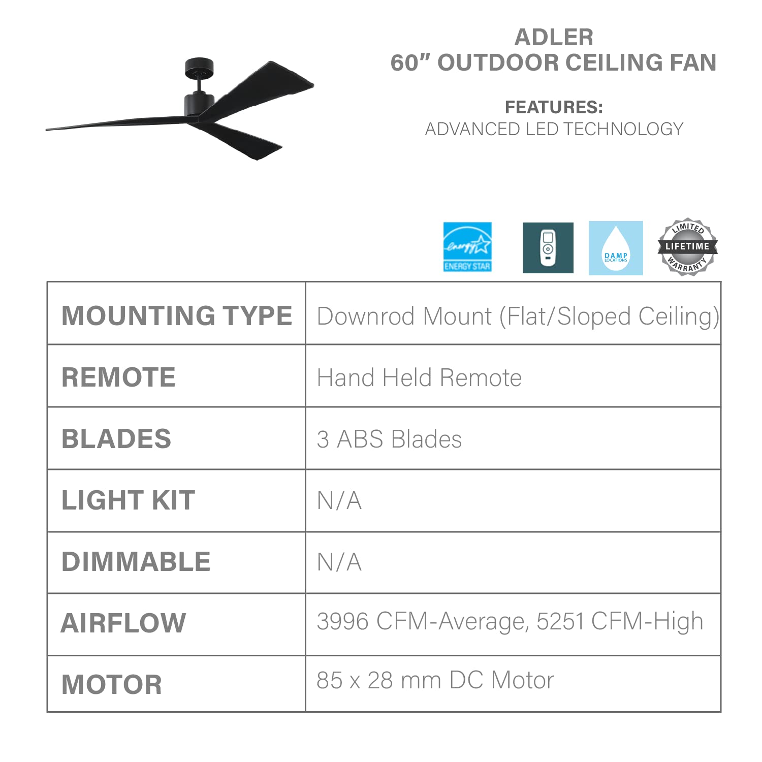 Monte Carlo 3ADR60BKBK Adler 60" Ceiling Fan with Remote Control, 3 ABS Blades, Matte Black