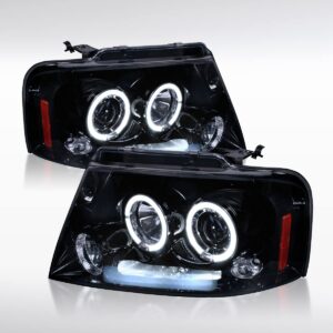 autozensation compatible with 2004-2008 ford f150 led headlights glossy black housing smoke lens l + r pair headlamp