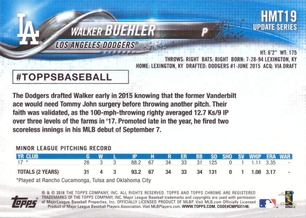 2018 Topps Update Chrome Baseball #HMT19 Walker Buehler Rookie Card