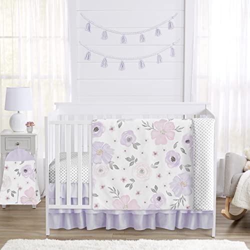 Sweet Jojo Designs Lavender Purple, Pink, Grey and White Shabby Chic Watercolor Floral Baby Girl Nursery Crib Bedding Set - 4 Pieces - Rose Flower Polka Dot