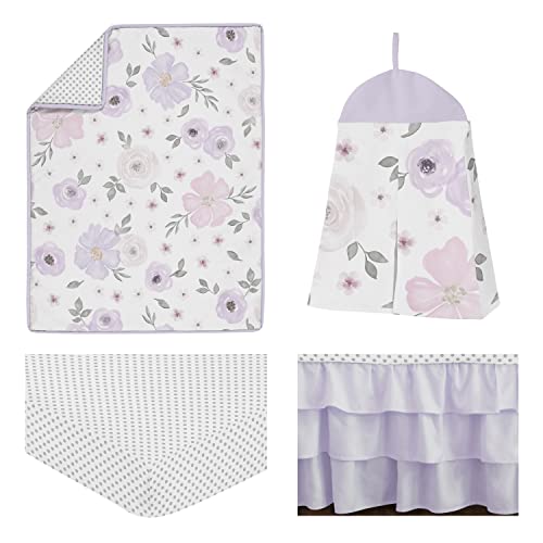 Sweet Jojo Designs Lavender Purple, Pink, Grey and White Shabby Chic Watercolor Floral Baby Girl Nursery Crib Bedding Set - 4 Pieces - Rose Flower Polka Dot