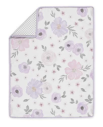 Sweet Jojo Designs Lavender Purple, Pink, Grey and White Shabby Chic Watercolor Floral Baby Girl Nursery Crib Bedding Set - 4 Pieces - Rose Flower Polka Dot