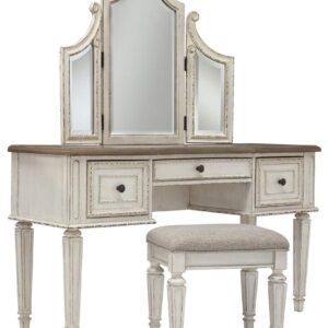 Signature Design by Ashley Realyn Traditional Cottage 3 Drawer Vanity Set with Dovetail Construction, Mirror & Stool Included, Chipped White, Distressed Brown