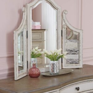 Signature Design by Ashley Realyn Traditional Cottage 3 Drawer Vanity Set with Dovetail Construction, Mirror & Stool Included, Chipped White, Distressed Brown