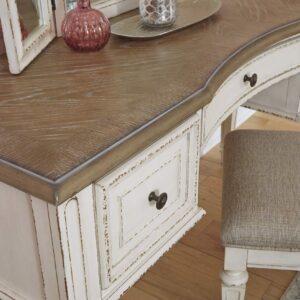 Signature Design by Ashley Realyn Traditional Cottage 3 Drawer Vanity Set with Dovetail Construction, Mirror & Stool Included, Chipped White, Distressed Brown