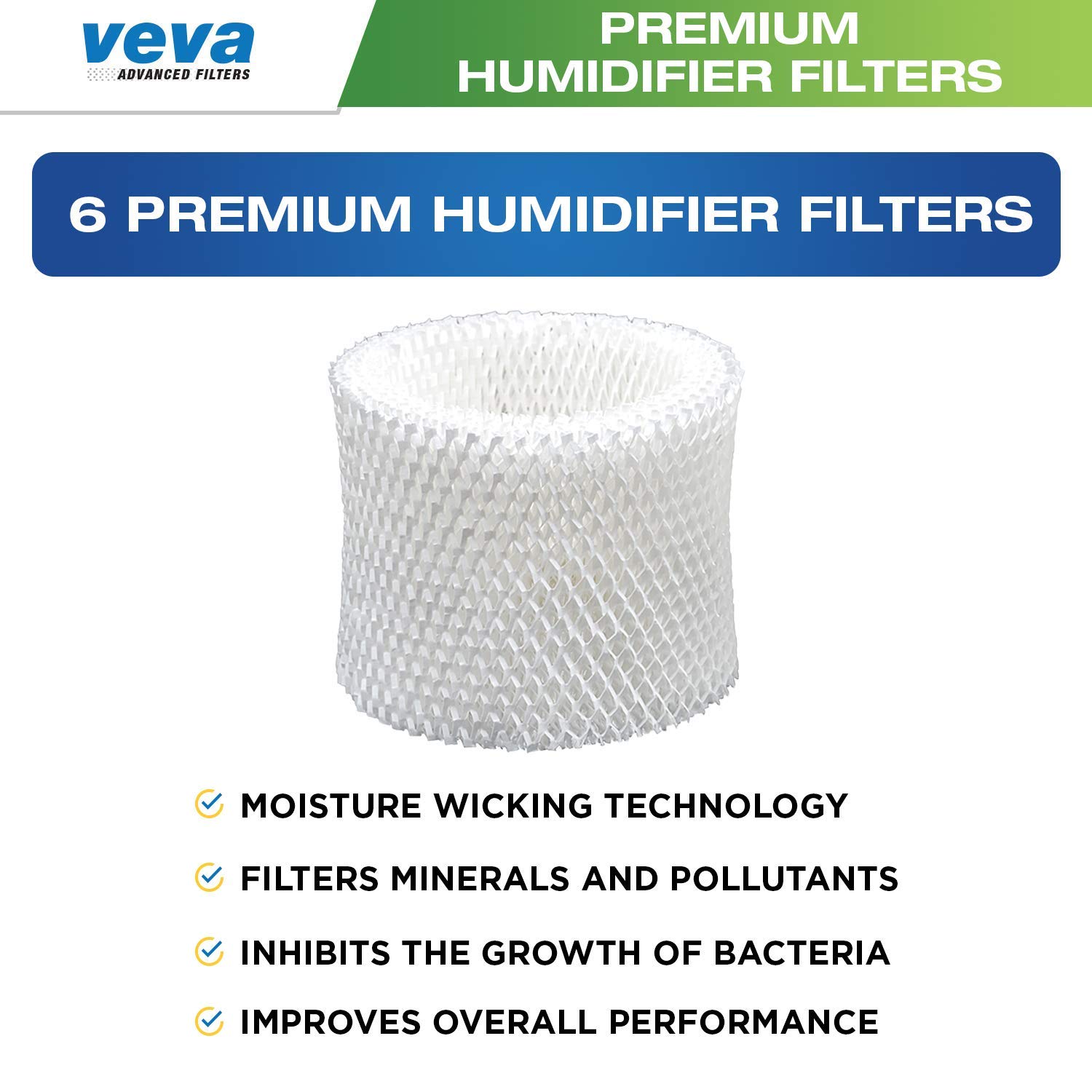 VEVA 6-Pack Premium Humidifier Filters - Replacement for HW Filter C, HC-888, HC-888N - Compatible with Cool Moisture Evaporative Humidifiers & HCM-890 Series
