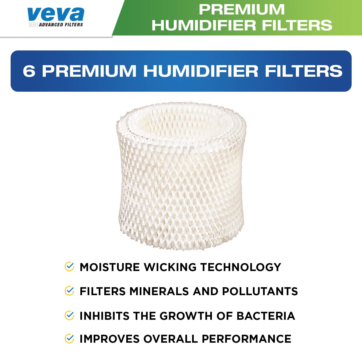 VEVA 6 Pack Premium Humidifier Filters Replacement for Protec, Vicks, Kaz Filter WF2 and V3500, V3100 & 3020 Cool Mist Humidifiers