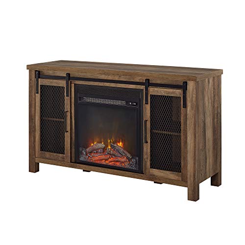 Walker Edison Tall Farmhouse Metal Mesh Barndoor and Wood Universal Fireplace TV Stand or TV's up to 55" Flat Screen Living Room Storage Entertainment Center, 48 Inch, Rustic Oak