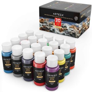 arteza outdoor acrylic paint set, 20 colors, 2 ounce bottles, multi-surface paints for rock, wood, fabric, leather, paper, canvas and wall painting