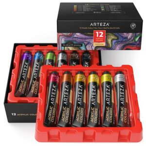 arteza metallic acrylic paint set of 12 colors, 0.74 ounce tubes, rich pigments, non toxic artist paints for hobby painters, ideal for canvas painting