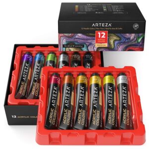 ARTEZA Metallic Acrylic Paint Set of 12 Colors, 0.74 ounce Tubes, Rich Pigments, Non Toxic Artist Paints for Hobby Painters, Ideal for Canvas Painting