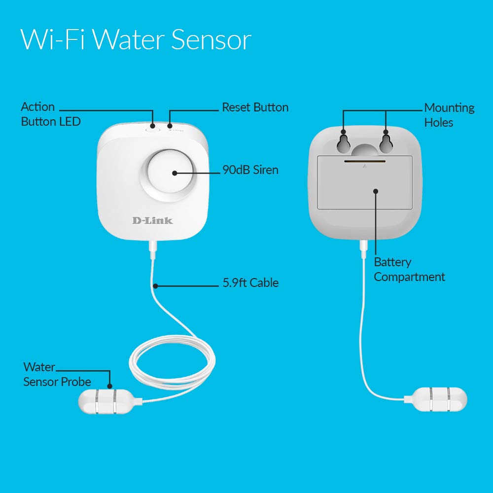 D-Link Wi-Fi Water Leak Sensor and Alarm, App Notifications, Battery Powered, No Hub Required (DCH-S161-US)