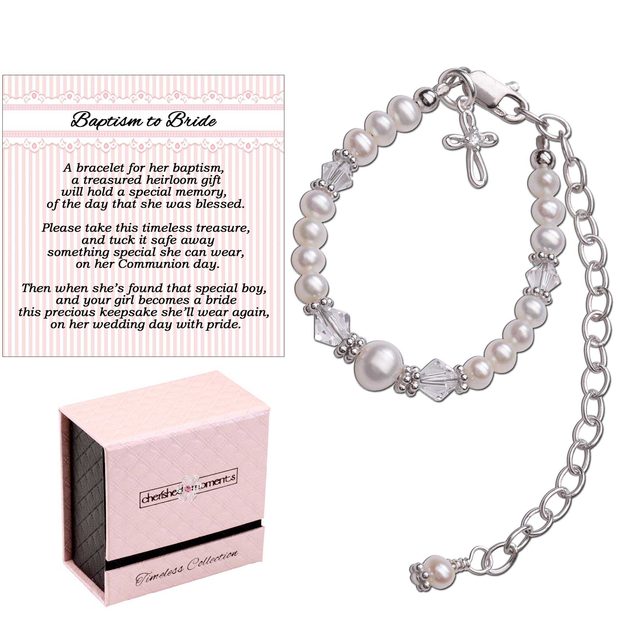 Cherished Moments Baptism to Bride Cross Bracelet Gift for Girls in Sterling Silver and Cultured Pearl