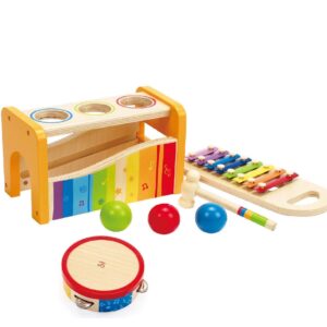 Hape Pound, Tap, & Shake! Music Set - Award Winning Wooden Pounding Bench, Baby Xylophone, and Tap Along Tambourine - Developmental, Non-Toxic, Montessori Musical Toys for Toddlers 1 - 4 Years Old