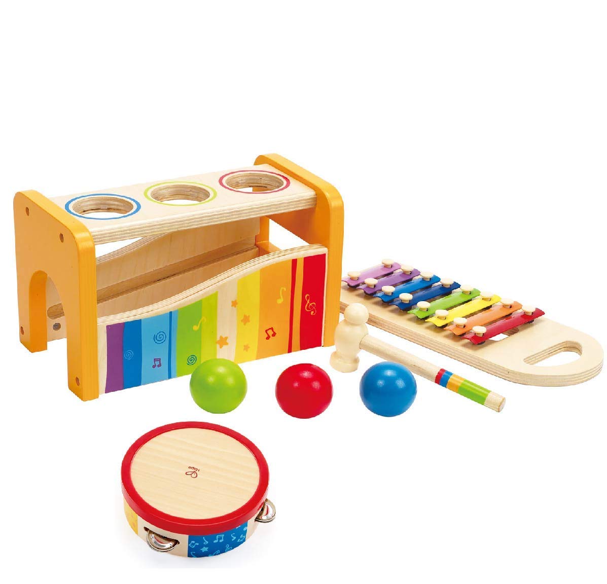 Hape Pound, Tap, & Shake! Music Set - Award Winning Wooden Pounding Bench, Baby Xylophone, and Tap Along Tambourine - Developmental, Non-Toxic, Montessori Musical Toys for Toddlers 1 - 4 Years Old