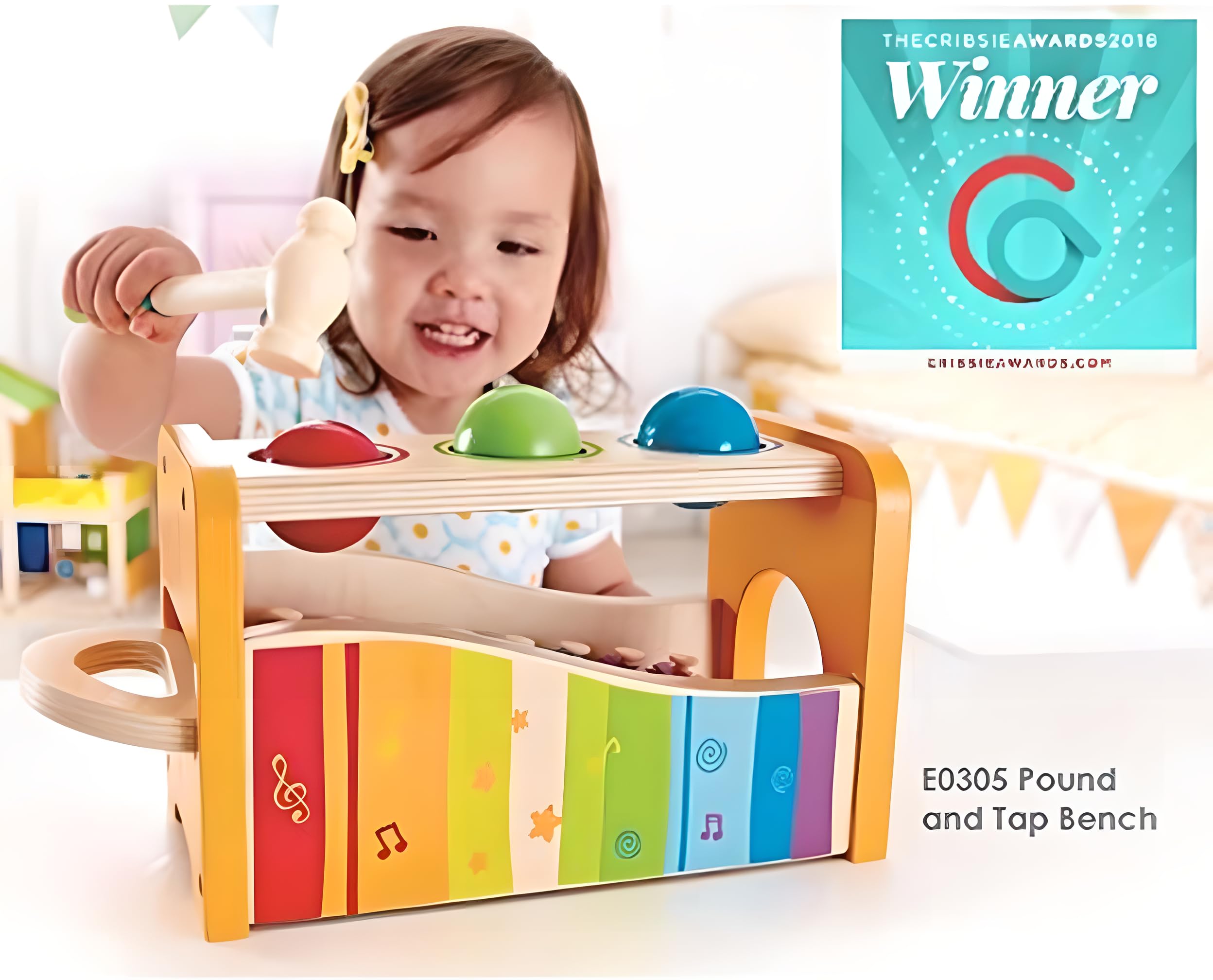 Hape Pound, Tap, & Shake! Music Set - Award Winning Wooden Pounding Bench, Baby Xylophone, and Tap Along Tambourine - Developmental, Non-Toxic, Montessori Musical Toys for Toddlers 1 - 4 Years Old