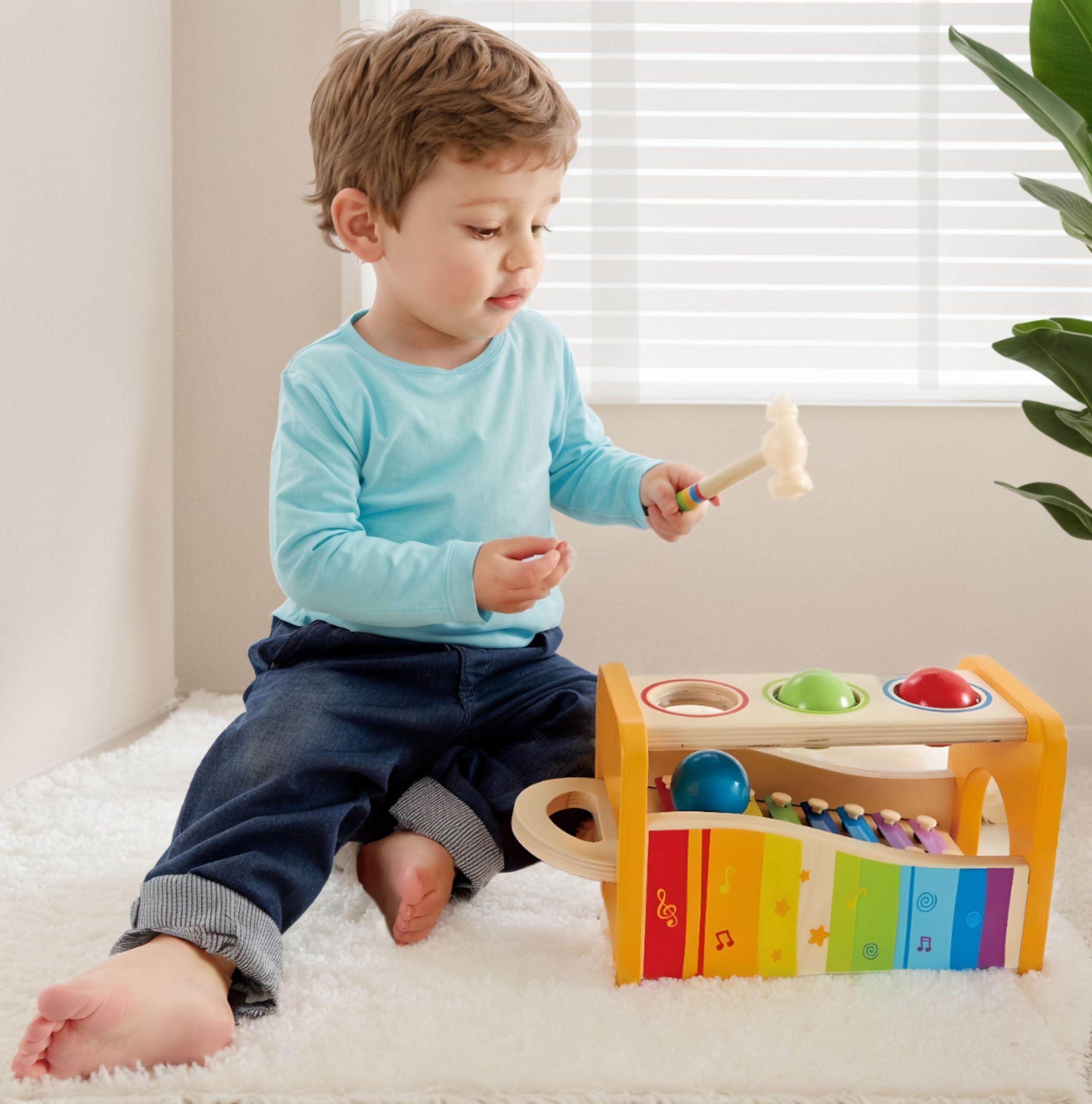 Hape Pound, Tap, & Shake! Music Set - Award Winning Wooden Pounding Bench, Baby Xylophone, and Tap Along Tambourine - Developmental, Non-Toxic, Montessori Musical Toys for Toddlers 1 - 4 Years Old