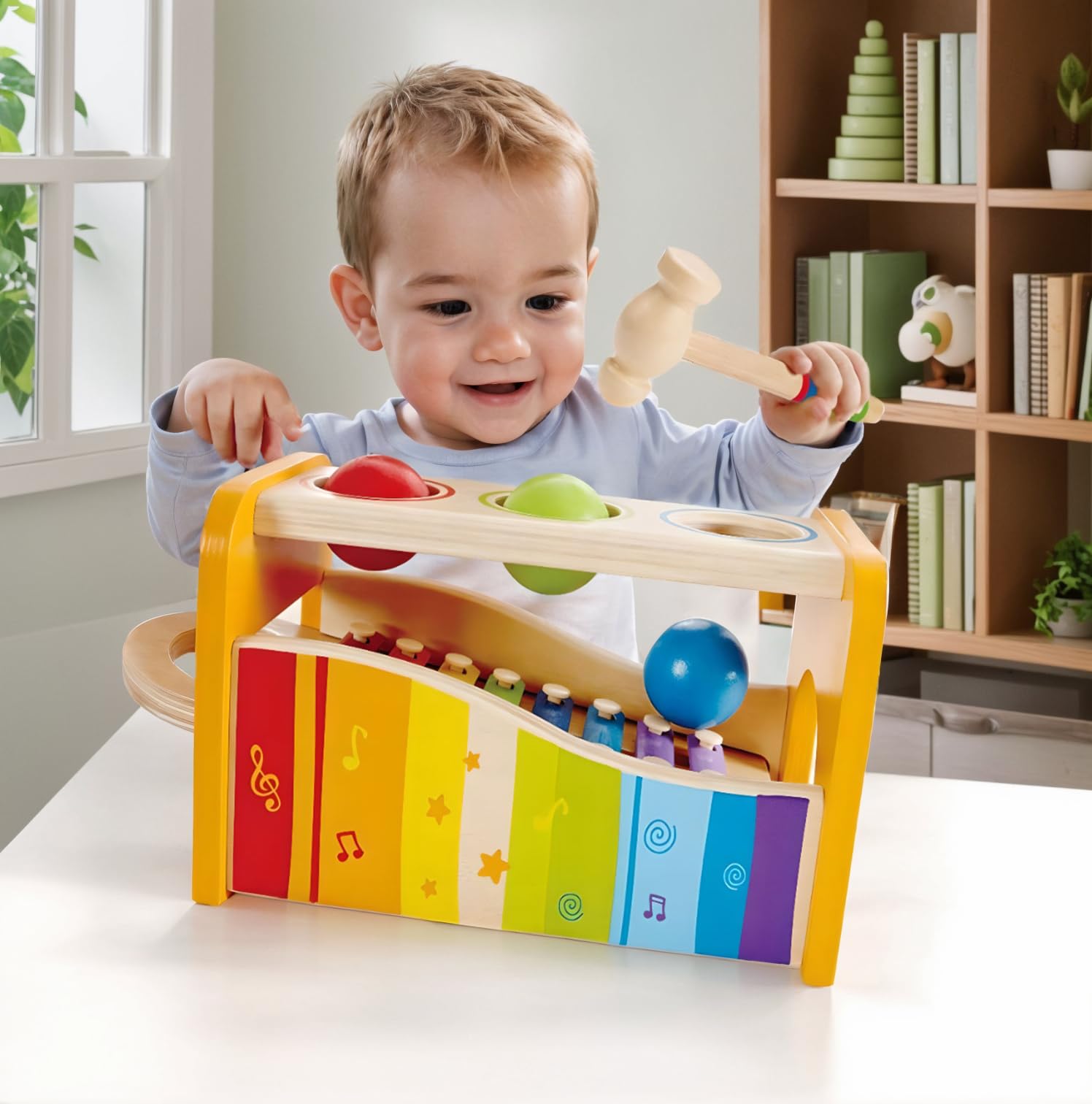 Hape Pound, Tap, & Shake! Music Set - Award Winning Wooden Pounding Bench, Baby Xylophone, and Tap Along Tambourine - Developmental, Non-Toxic, Montessori Musical Toys for Toddlers 1 - 4 Years Old